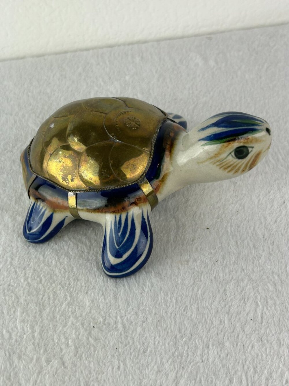 Vintage Tonala Mexico Pottery Armored Turtle Brass Copper Signed Hand Painted